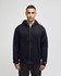 A black full-zip hooded sweatshirt with a front zipper and a logo on the sleeve.