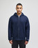 A navy blue full-zip hooded sweatshirt with a front zipper and a logo on one sleeve.