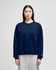 A navy blue women's crewneck sweatshirt with a relaxed fit and a branding logo on the sleeve.