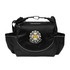 A black cooler bag with multiple compartments and a logo on the front. It features adjustable straps for carrying.