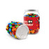 A clear canister filled with colourful M&M's, featuring a playful design and a logo on the side.