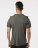 A men's performance T-shirt in a dark green colour, featuring a logo, viewed from the back.