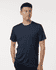 A navy blue men's performance T-shirt featuring a logo, designed for comfort and style.