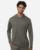 A grey men's hooded performance t-shirt with a slim fit, featuring long sleeves and a subtle branding logo.