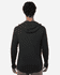 A men's hooded T-shirt in black, featuring long sleeves and a back view. The shirt has a logo.