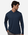A men's hooded t-shirt in navy blue with long sleeves, featuring a logo on the front.