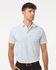 A white men's polo shirt with a collar, featuring short sleeves and a logo.