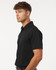 A black polo shirt with short sleeves and a collar, featuring branding on the chest.