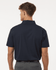 A navy polo shirt with a collar and short sleeves, featuring a logo on the back.