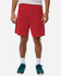 Men's red performance shorts featuring an elastic waistband and side pockets, paired with teal athletic shoes.