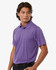 A purple men's polyester heather melange polo with short sleeves and a collar, featuring a logo.