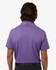 A men's polyester heather melange polo in purple, featuring a classic collar and short sleeves, with a logo on the back.