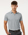 Men's polyester heather melange polo in light grey, featuring a collar and short sleeves. Includes a branding logo.
