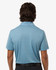 A men's polyester heather melange polo in light blue, featuring a back view with a collar and short sleeves.