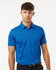 A men's polo shirt in heather blue with short sleeves and a collar, featuring a logo on the chest.