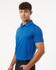 A blue men's polyester heather melange polo shirt displayed on a model, featuring a collar and short sleeves.