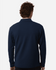 A men's navy blue stretch fleece 1/4 zip pullover, featuring a back view with a plain design and a logo.