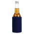A drink bottle wrapped in a navy blue stubby holder with a logo. The bottle contains a golden beverage.