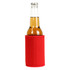 A drink bottle is wrapped in a red stubby holder, featuring a logo on its surface.