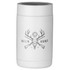A drink holder in white with a logo featuring an antlered skull and crossed rifles.