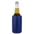 A drink bottle holder in navy blue, designed to keep beverages cold, featuring a logo.