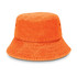 An orange bucket hat with a textured fabric and a wide brim, featuring ventilation eyelets and a logo.