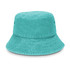 A teal bucket hat with a wide brim, featuring a textured fabric and eyelets for ventilation.