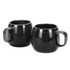 A set of two glossy black coffee mugs with rounded shapes and convenient handles.