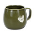 A green ceramic coffee mug with a rounded shape and a handle, featuring a simple heart design and a logo.