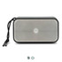 A rectangular grey and silver 10W bass speaker with a textured surface and a detachable strap. It features a logo.