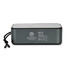 A grey Bluetooth speaker with a mesh top and a side strap, featuring branding and various technical labels on the back.