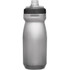 A drink bottle in a plain silver colour with a black cap and a logo on the side.