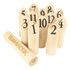 A set of wooden skittles numbered 1 to 12, with a wooden bat labelled "TEAMWORK", all in a natural finish.