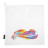 A white drawstring bag featuring a vibrant, multicoloured swirl design and a branding tag.