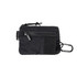 A black pouch wallet featuring a zipper pocket, a Velcro section, and a carabiner clip. It has a logo detail.
