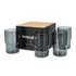 A set of four smoky grey tumblers in a box, featuring a sleek design with a logo.