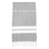 A grey and white 100% cotton Turkish towel with fringed edges and a simple striped pattern.