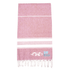 A pink 100% cotton Turkish towel featuring white stripes and fringe edges, with a logo design on one side.