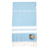 A light blue Turkish towel with white stripes and a circular logo featuring a palm tree and sun.