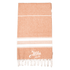 A 100% cotton Turkish towel in a warm orange hue with white stripes and frayed edges, featuring a logo.