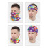 A collection of four images featuring a multi-functional headwear in vibrant colours and patterns, including purple, green, and orange.