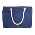 A navy waterproof beach bag with cream rope handles and side pockets, featuring a simple design.