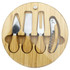 A round bamboo cheese board set featuring four stainless steel cheese knives with wooden handles. Includes a corkscrew.