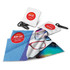 A screen cleaner cloth in blue and white with a clip, featuring a logo, packaged with two pouches.