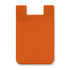 An orange silicone phone wallet with a curved design and a logo. Ideal for attaching to the back of a phone.