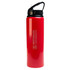A drink bottle in bright red with a flip straw lid and a black handle, featuring a branding logo.
