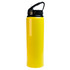 A drink bottle in bright yellow with a black flip straw lid and a black handle.