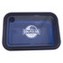 A reusable container in translucent blue with a black lid and a logo, designed for storing food.