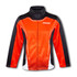 A custom men's sports jacket featuring a bold red, black, and white design with a logo on the front.