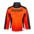 A men's sports jacket in vibrant orange with black and white accents, featuring a logo on the back.